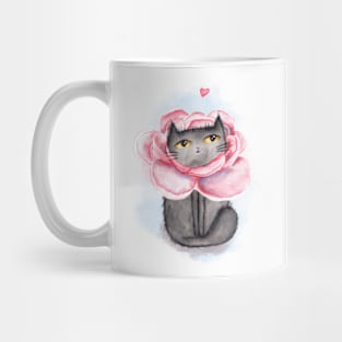 Watercolor cute cat and beautiful peonies. Mug